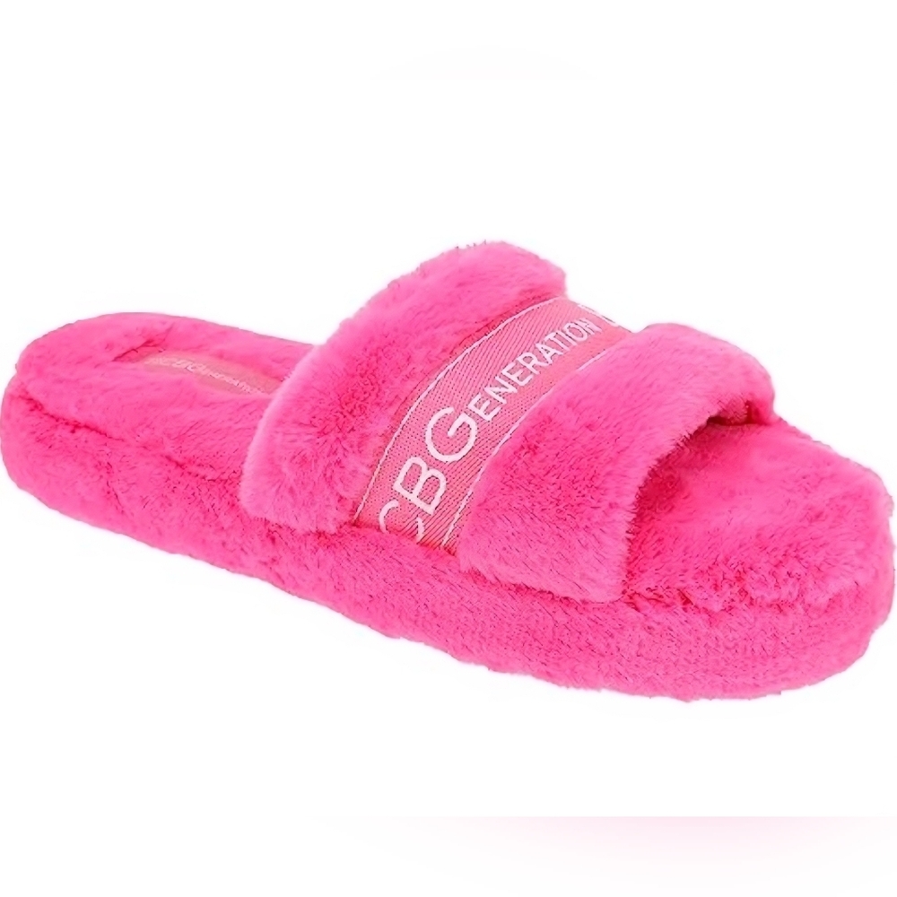 BCBGeneration Hot Pink Fuzzy Slip-on Slippers NWOT